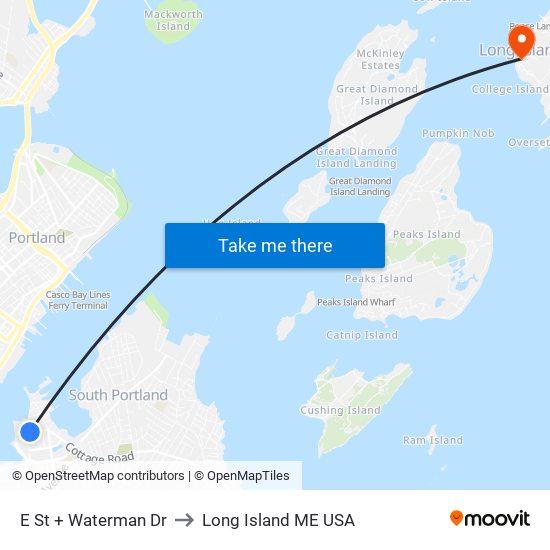 E St + Waterman Dr to Long Island ME USA map