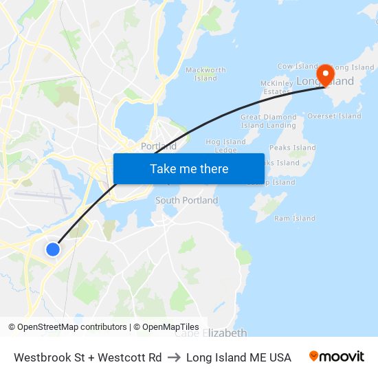 Westbrook St + Westcott Rd to Long Island ME USA map