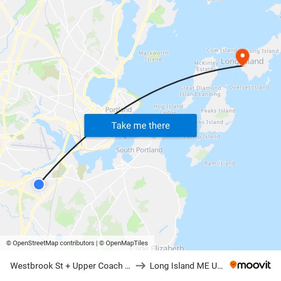 Westbrook St + Upper  Coach Rd to Long Island ME USA map