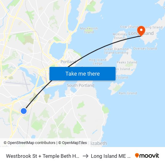 Westbrook St + Temple Beth Hamm to Long Island ME USA map