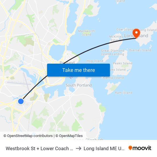 Westbrook St + Lower Coach Rd to Long Island ME USA map