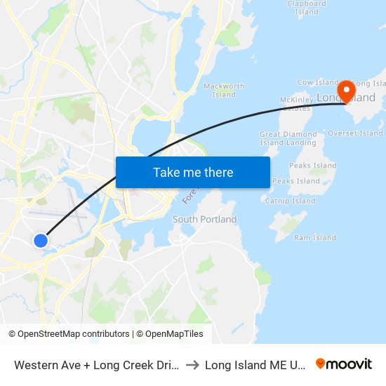 Western Ave + Long Creek Drive to Long Island ME USA map