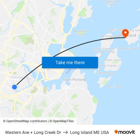 Western Ave + Long Creek Dr to Long Island ME USA map