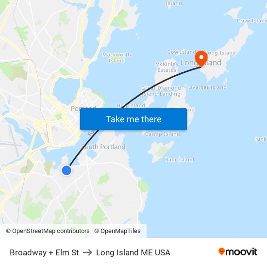 Broadway + Elm St to Long Island ME USA map