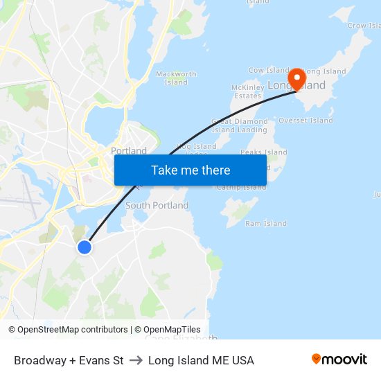 Broadway + Evans St to Long Island ME USA map