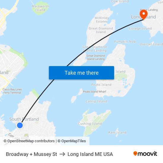 Broadway + Mussey St to Long Island ME USA map