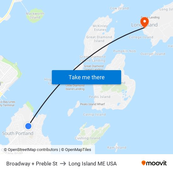 Broadway + Preble St to Long Island ME USA map