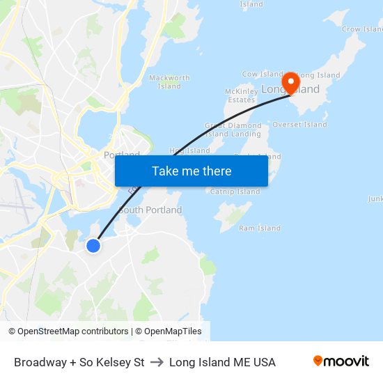 Broadway + So Kelsey St to Long Island ME USA map