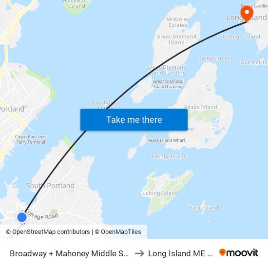 Broadway + Mahoney Middle School to Long Island ME USA map