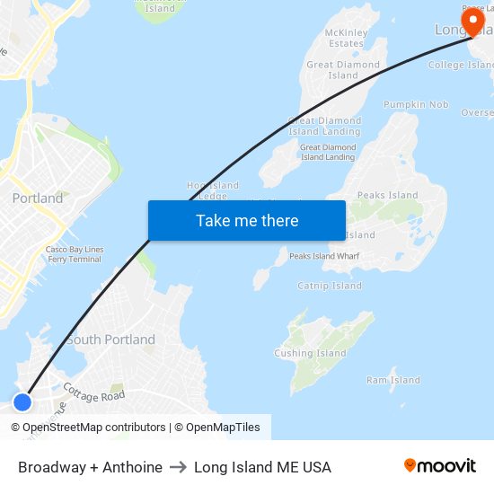 Broadway + Anthoine to Long Island ME USA map