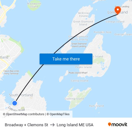 Broadway + Clemons St to Long Island ME USA map