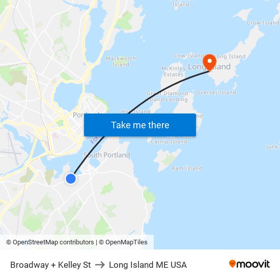 Broadway + Kelley St to Long Island ME USA map