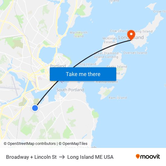 Broadway + Lincoln St to Long Island ME USA map