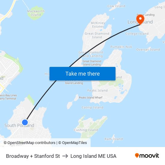 Broadway + Stanford St to Long Island ME USA map