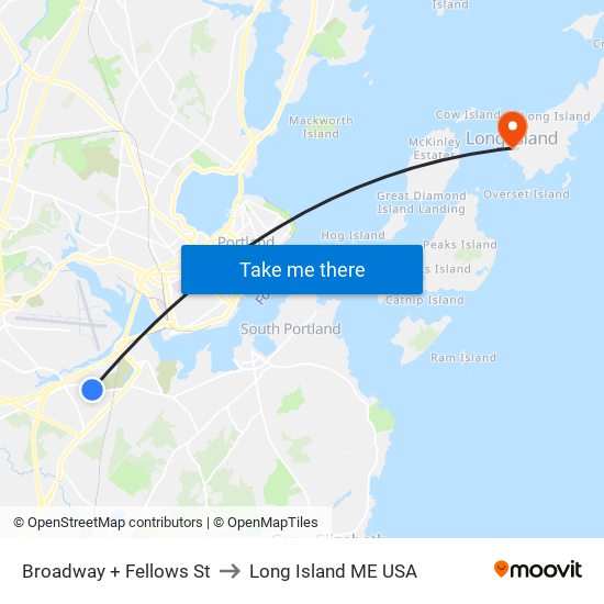 Broadway + Fellows St to Long Island ME USA map