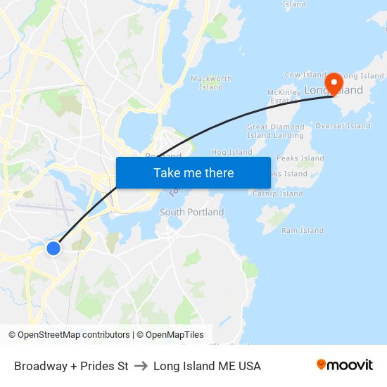 Broadway + Prides St to Long Island ME USA map