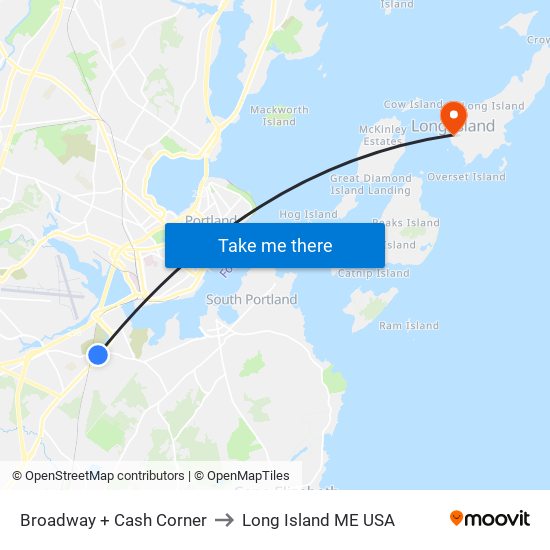 Broadway + Cash Corner to Long Island ME USA map