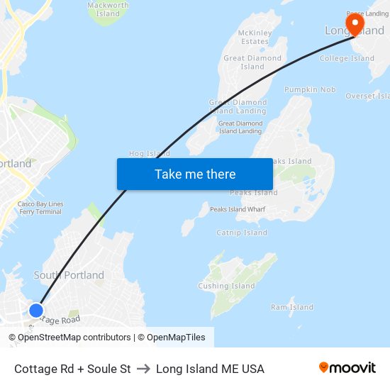 Cottage Rd + Soule St to Long Island ME USA map