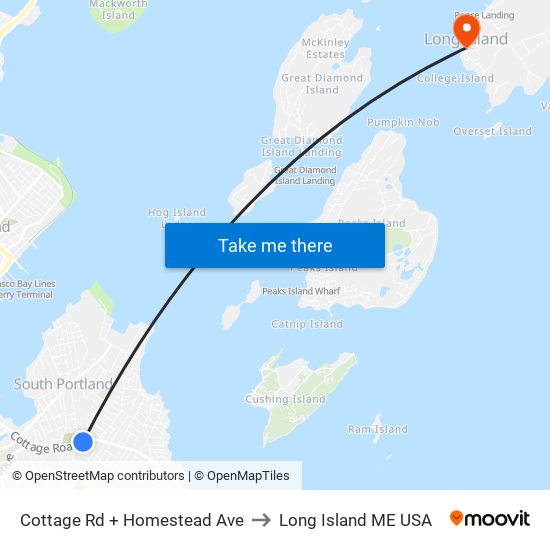 Cottage Rd + Homestead Ave to Long Island ME USA map