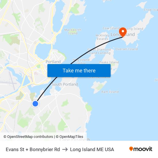 Evans St + Bonnybrier Rd to Long Island ME USA map