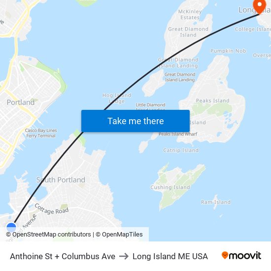 Anthoine St + Columbus Ave to Long Island ME USA map