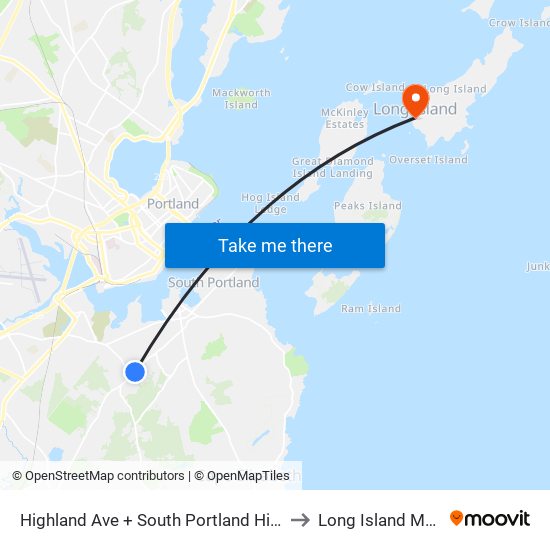 Highland Ave + South Portland High School to Long Island ME USA map