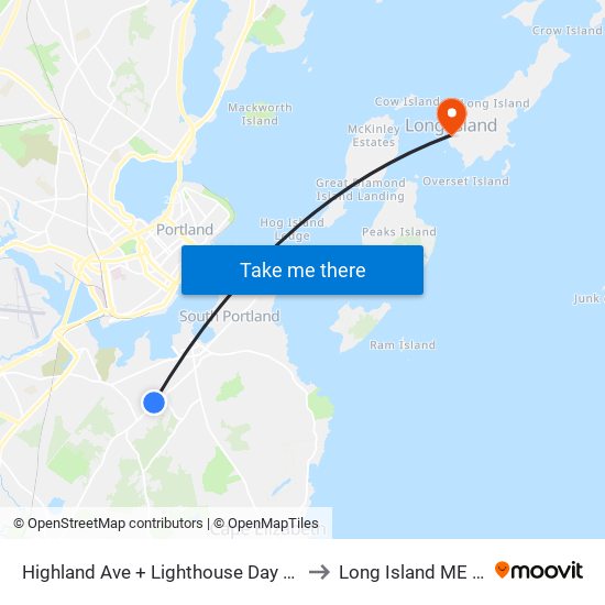 Highland Ave + Lighthouse Day School to Long Island ME USA map