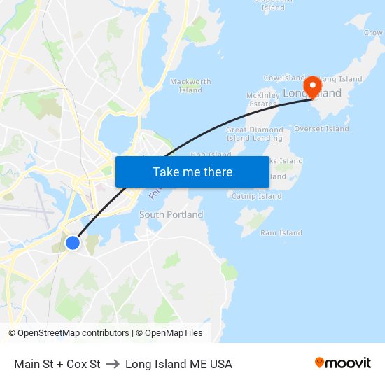 Main St + Cox St to Long Island ME USA map