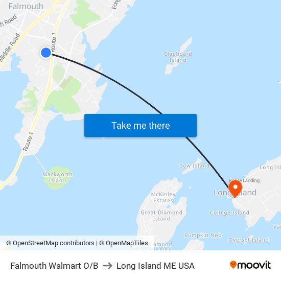 Falmouth Walmart O/B to Long Island ME USA map