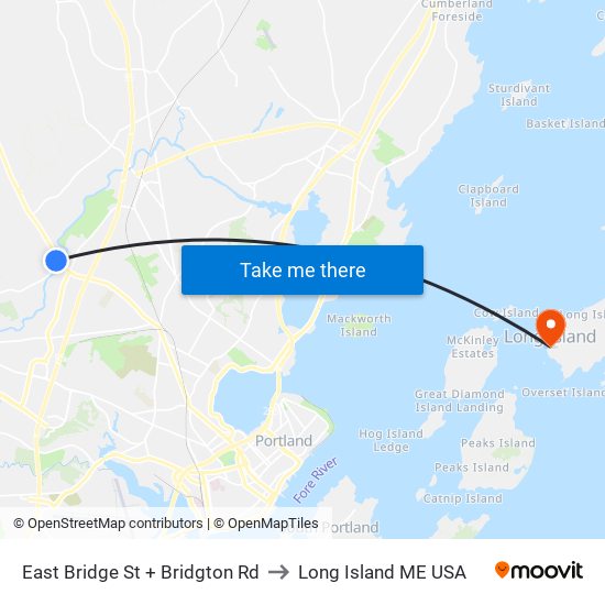 East Bridge St + Bridgton Rd to Long Island ME USA map