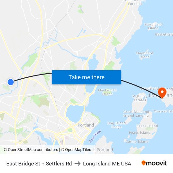 East Bridge St + Settlers Rd to Long Island ME USA map