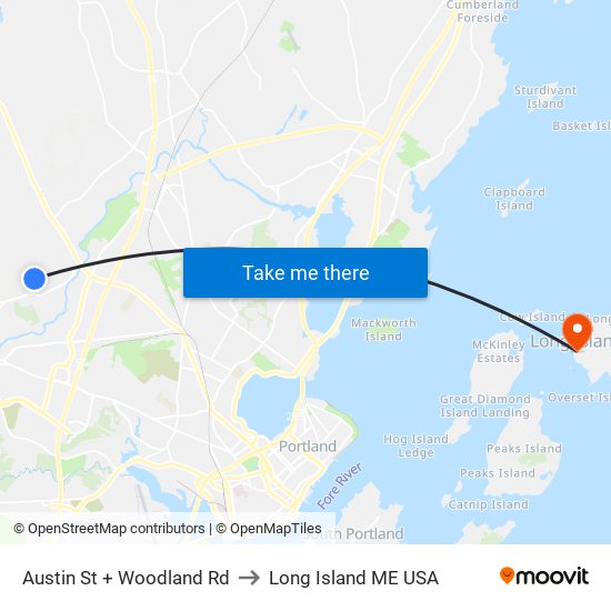 Austin St + Woodland Rd to Long Island ME USA map