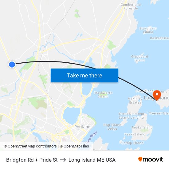 Bridgton Rd + Pride St to Long Island ME USA map