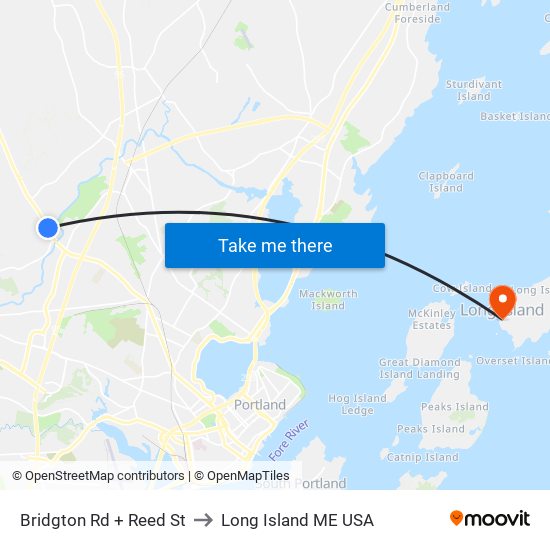 Bridgton Rd + Reed St to Long Island ME USA map