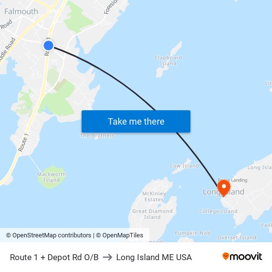 Route 1 + Depot Rd O/B to Long Island ME USA map