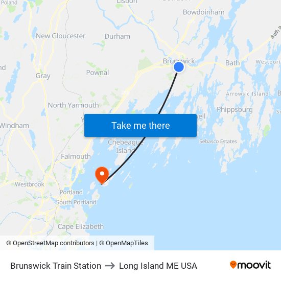Brunswick Train Station to Long Island ME USA map