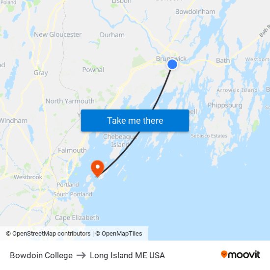 Bowdoin College to Long Island ME USA map