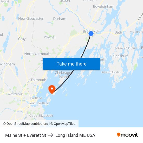 Maine St + Everett St to Long Island ME USA map