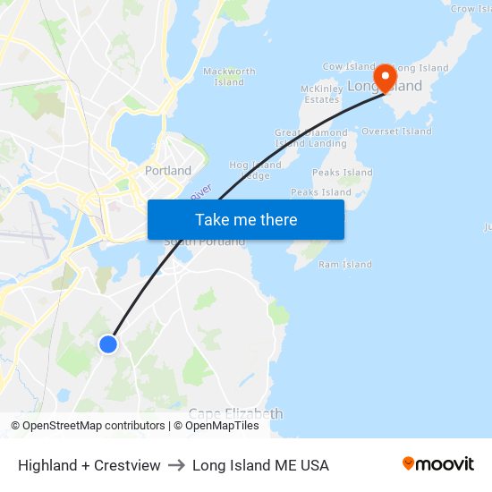 Highland + Crestview to Long Island ME USA map