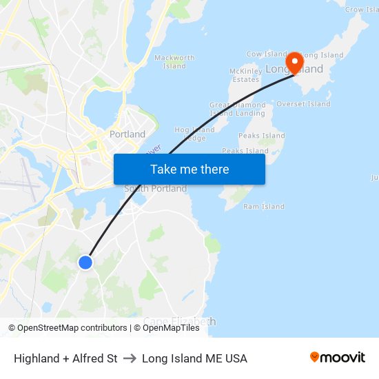 Highland + Alfred St to Long Island ME USA map