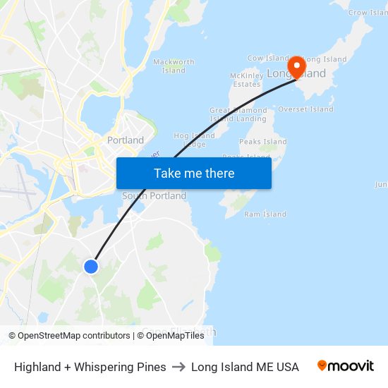 Highland + Whispering Pines to Long Island ME USA map