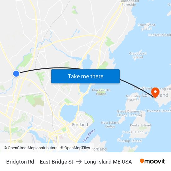 Bridgton Rd + East Bridge St to Long Island ME USA map