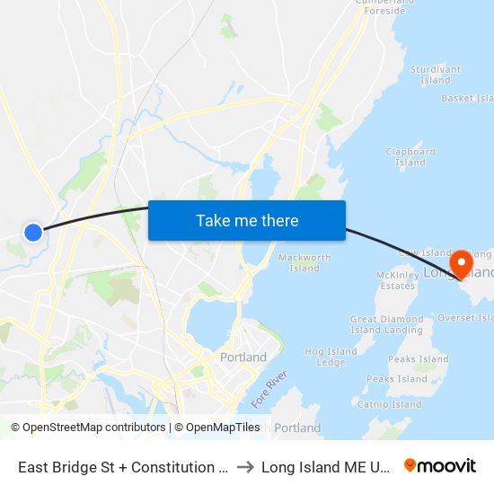 East Bridge St + Constitution St to Long Island ME USA map