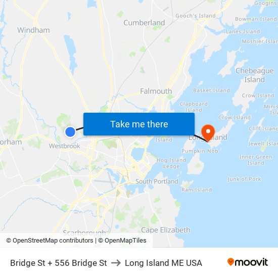 Bridge St + 556 Bridge St to Long Island ME USA map