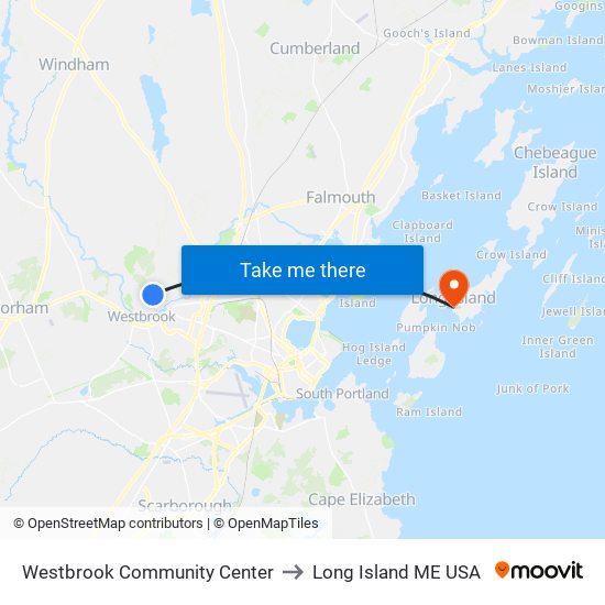 Westbrook Community Center to Long Island ME USA map