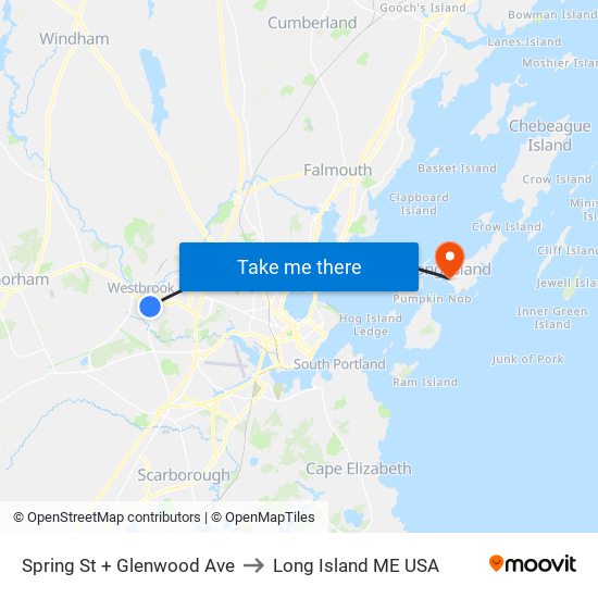 Spring St + Glenwood Ave to Long Island ME USA map