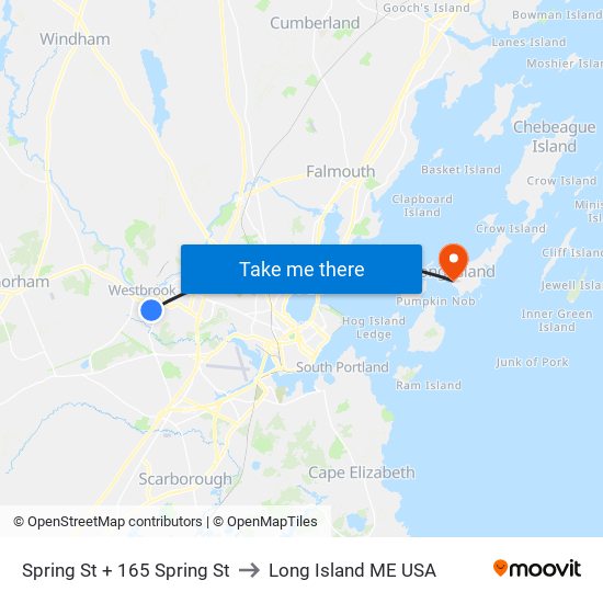 Spring St + 165 Spring St to Long Island ME USA map