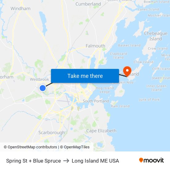 Spring St + Blue Spruce to Long Island ME USA map