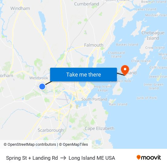 Spring St + Landing Rd to Long Island ME USA map