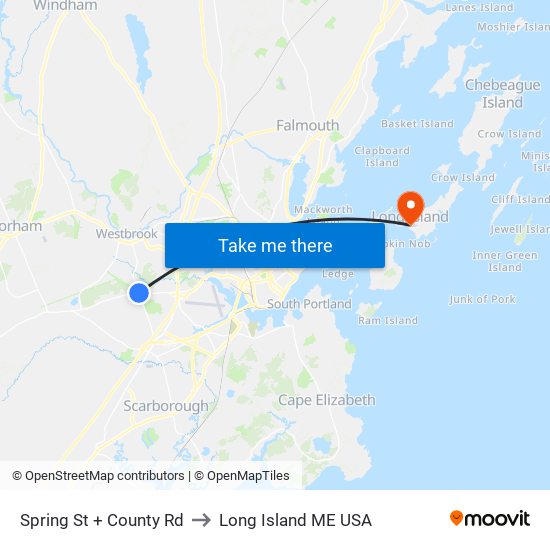 Spring St + County Rd to Long Island ME USA map